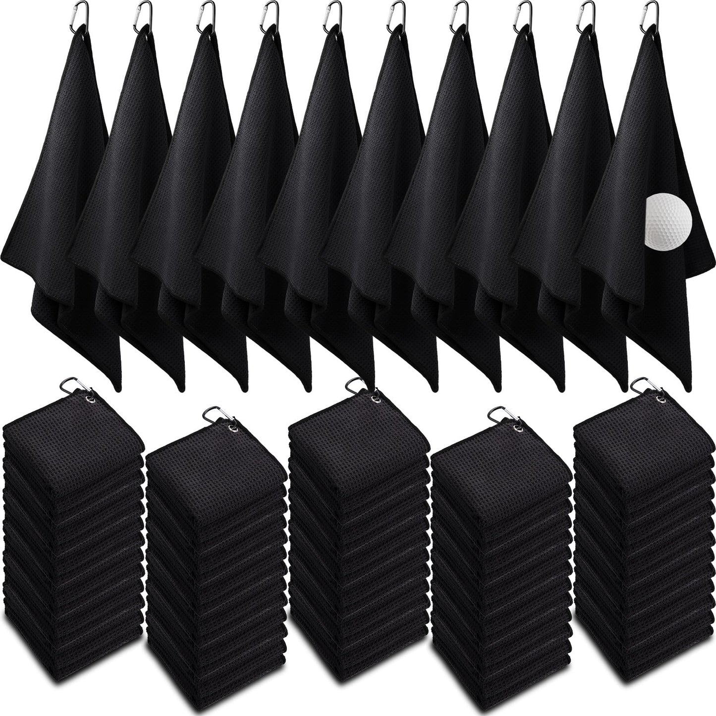 Batiyeer Golf Towels Bulk for Bags 16'' x 16'' Microfiber Waffle Pattern Golf Towel with Clipfor Mini Tournament, Club, Yoga, Fitness(Black,100 Pcs)