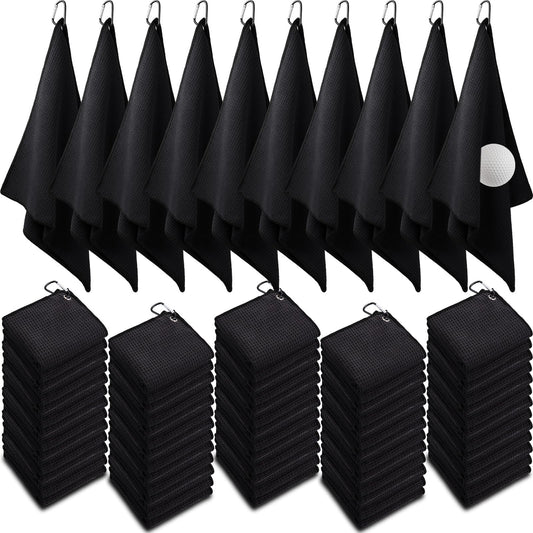 Batiyeer Golf Towels Bulk for Bags 16'' x 16'' Microfiber Waffle Pattern Golf Towel with Clipfor Mini Tournament, Club, Yoga, Fitness(Black,100 Pcs)
