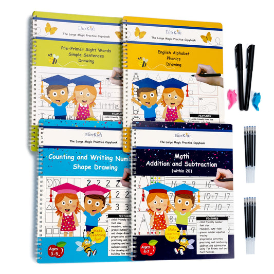 Teacher Designed Large 11x8.5in Reusable Handwriting Workbooks (Sight Word Copy Included)- Kids Learning Calligraphy, Magic Practice Copybook for Preschool, Kids Ages 3 to 8 (4 Pack)