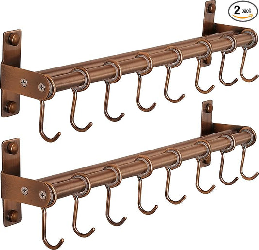 Dseap Kitchen Untentil Rail with 8 Hooks,Hanging Rack for Pots and Pans, Plants, Double Bars, Wall Mounted, Antique Copper, Pack of 2