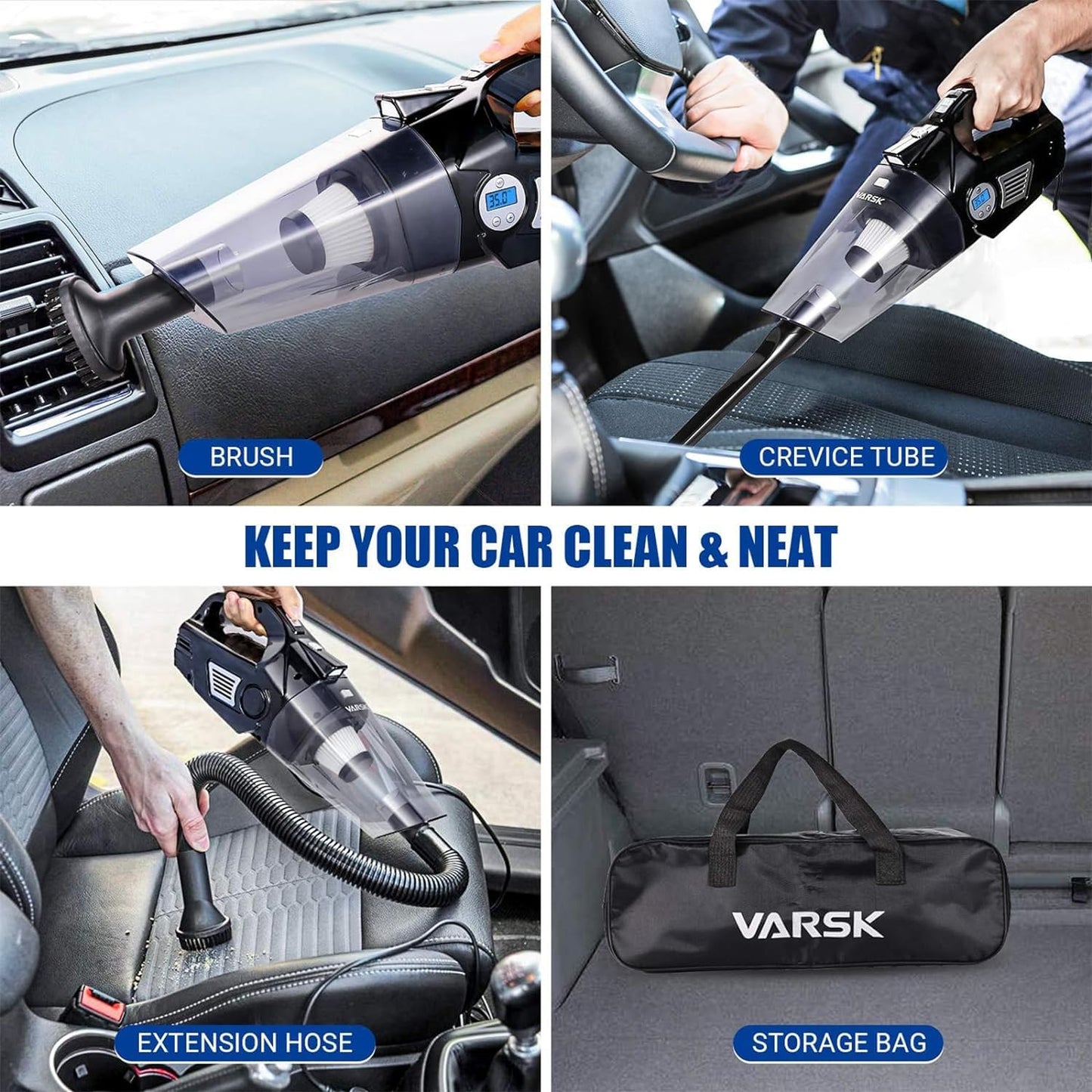 VARSK 4-in-1 Car Vacuum Cleaner High Power, Tire Inflator Portable Car Vacuum with Digital Tire Pressure Gauge LCD Display and LED Light, 12V DC, 15FT Cord, Essential Accessories for Men Women