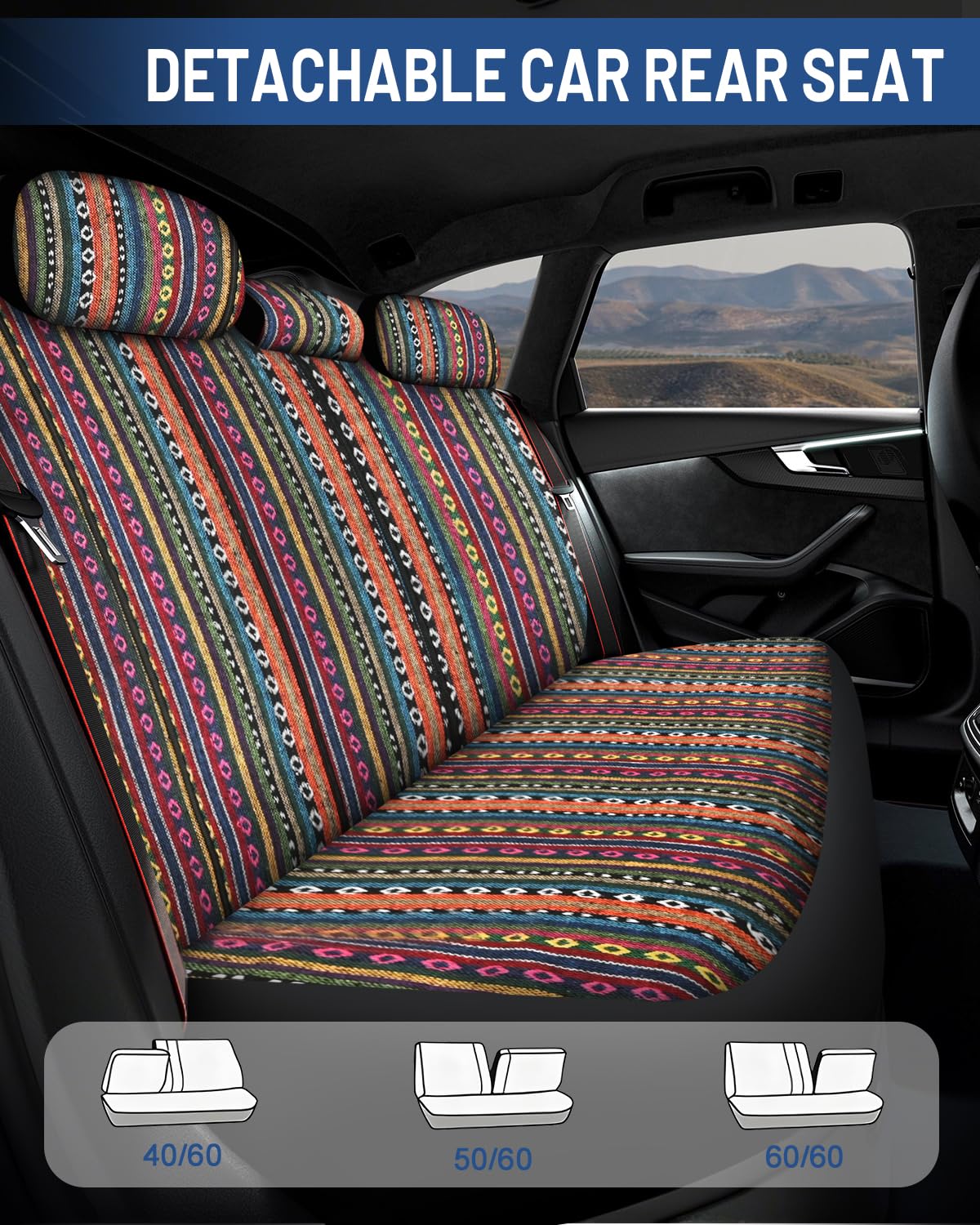 Sino Salected Baja Saddle Blanket Car Seat Covers Full Set with Seat Belt Pads and Steering Wheel Cover, Washable Breathable Striped Woven Cloth Seat Covers for Cars, SUV, Truck, (Orange)