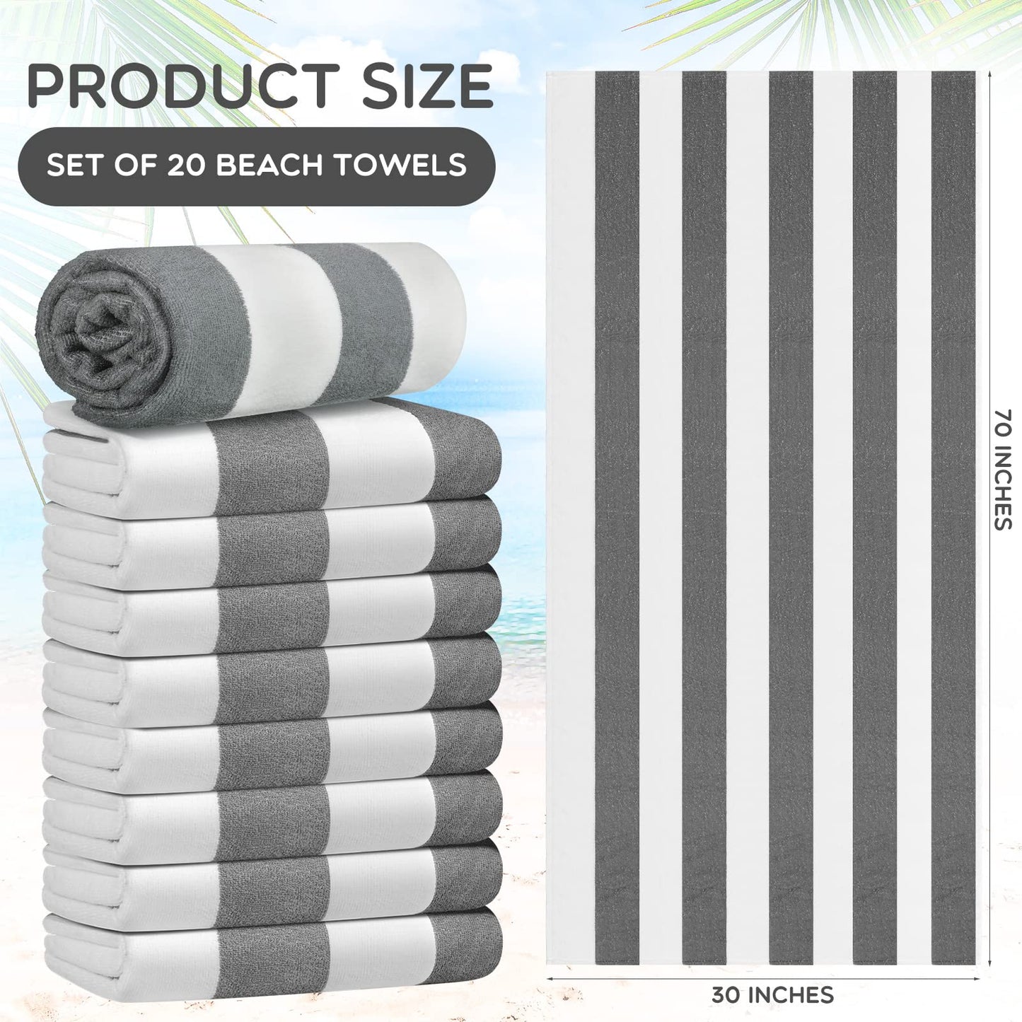 Tranqun 20 Pack Oversized Striped Beach Towels Bulk 30 x 70 Inch Quick Dry Large Beach Pool Towel Absorbent Soft Swim Towels Set for Beach Gym Hiking Pool Backpacking Bath Yoga White Grey