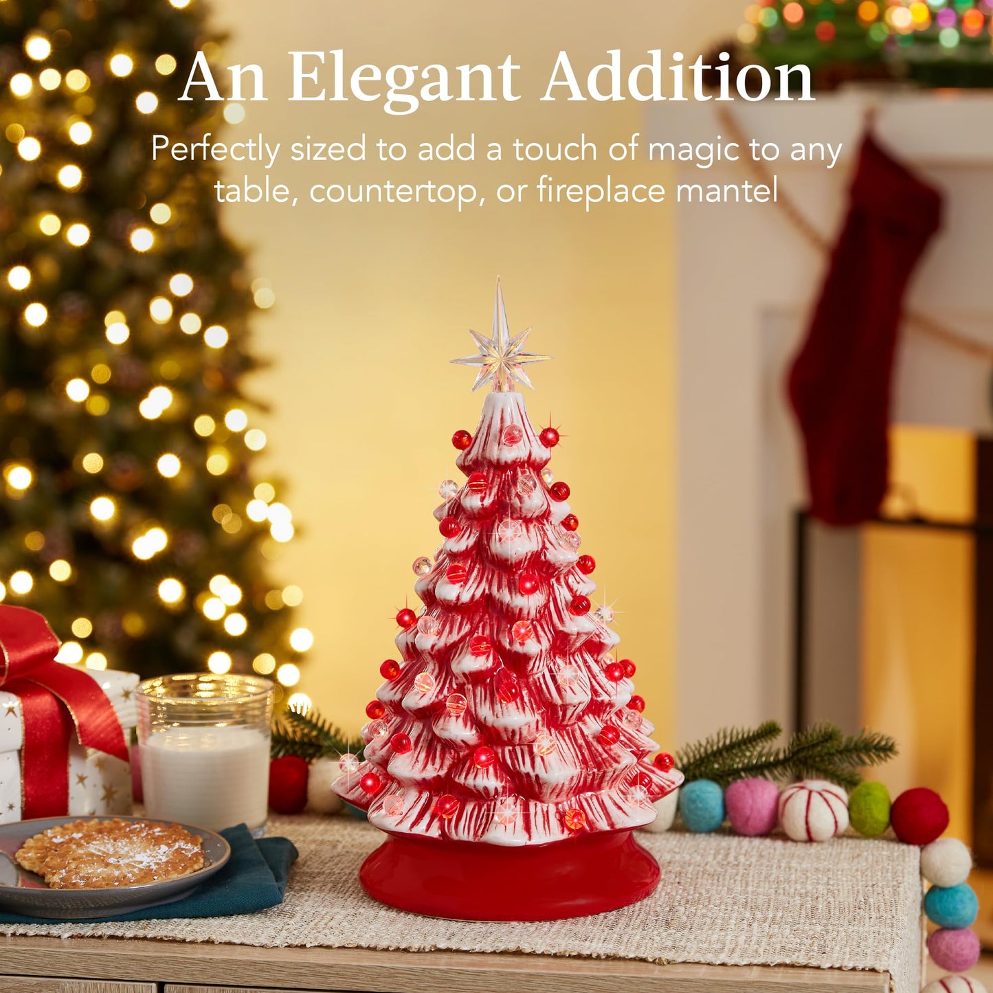 Best Choice Products 15in Ceramic Christmas Tree, Pre-lit Hand-Painted Tabletop Holiday Tree, 2 Star Toppers, 64 Lights - Peppermint w/Red and White Bulbs