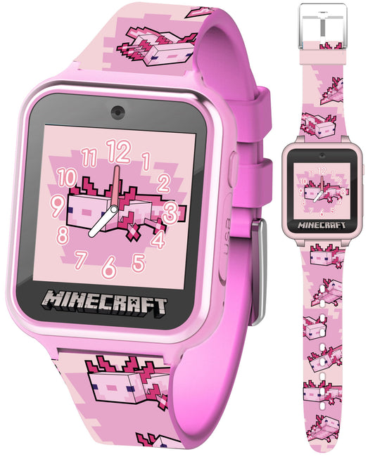 Minecraft Kids Smartwatch – Pink Axolotl Design, 10 Watch Faces, Step Counter, Selfie Camera, Calculator, Games, Voice Recorder, Alarm & Timer, Printed Silicone Straps – Fits Wrists 5.5"-8.0"