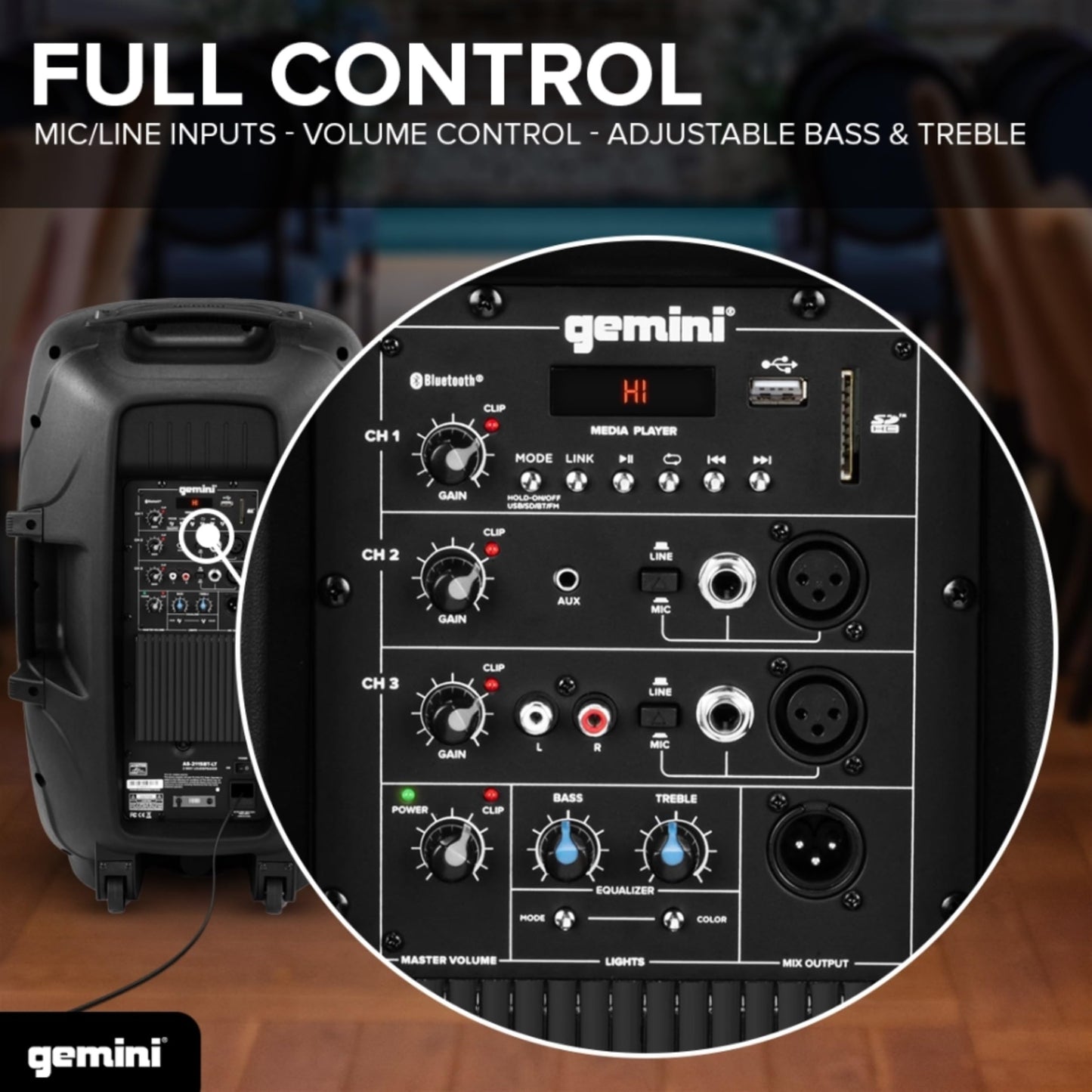Gemini 2000W Bluetooth PA Speaker w/Stand – 15” DJ Loudspeaker System with LED Lights, USB/SD/FM, Wireless Stereo Pairing, Mic, EQ, Remote & Pro Audio Inputs – Portable Party Sound (AS-2115BT-LT-PK)