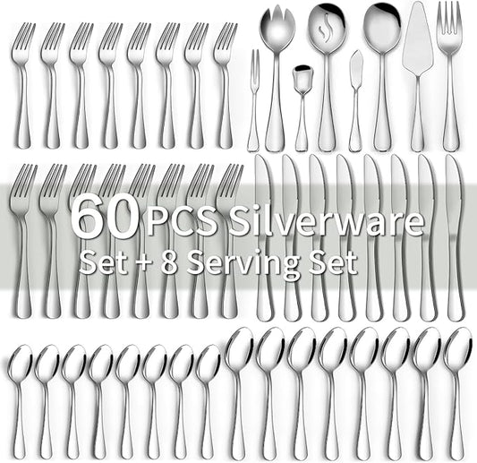 68 Pieces Silverware Set with Serving Utensils Set, CEKEE Stainless Steel Flatware Set for 12, Heavy Duty Cutlery Set, Kitchen Utensil Sets for Home Restaurant, Mirror Finish, Dishwasher Safe