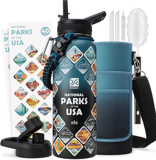 DYSANKY National Parks Water Bottle – 40 oz Insulated Stainless Steel Bottle with 63 Hand-Drawn Park Stickers, Carrier Bag, Strap & Gift Box – BPA-Free – Ideal for Hiking, Camping & Travel