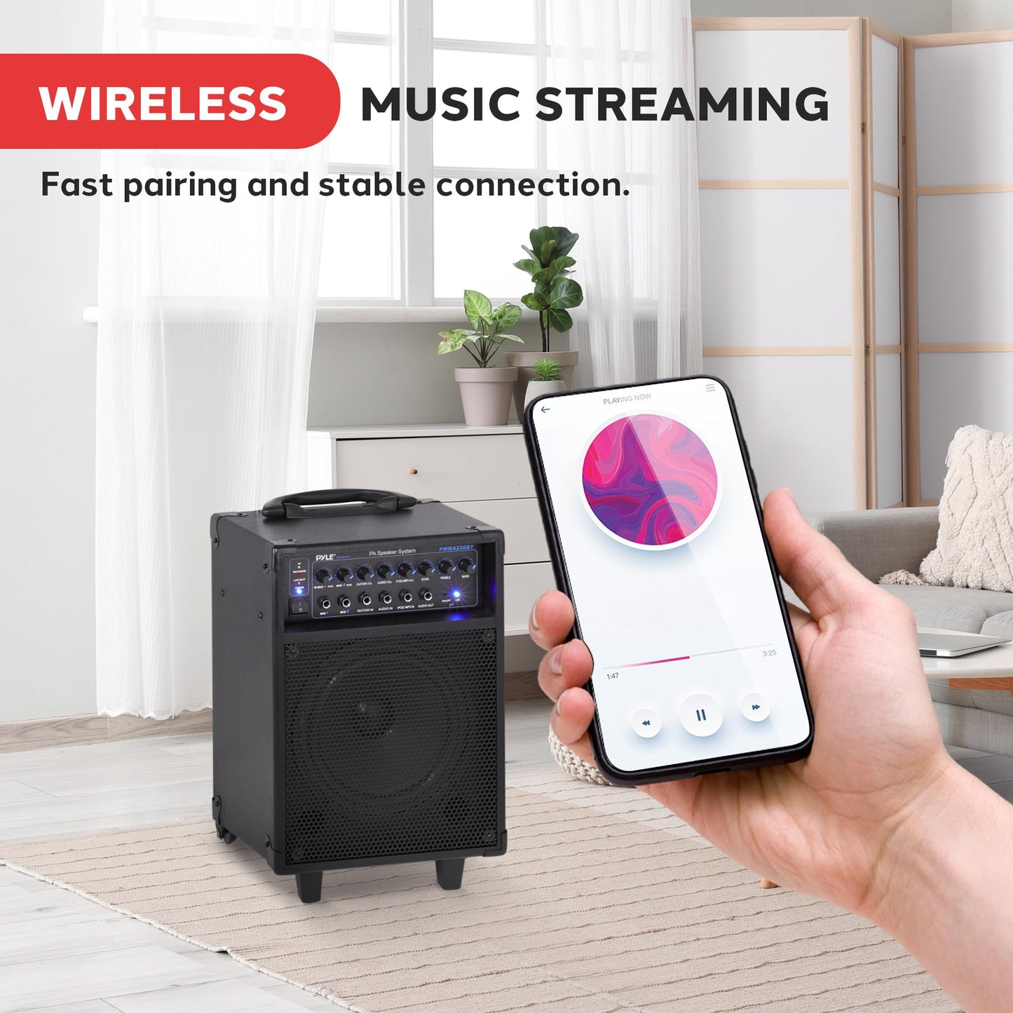 Pyle Wireless Portable PA System-400W Bluetooth Compatible Rechargeable Battery Powered Outdoor Sound Stereo Speaker Microphone Set w/Handle, Wheels-1/4 to AUX, RCA Cable (PWMA230BT)