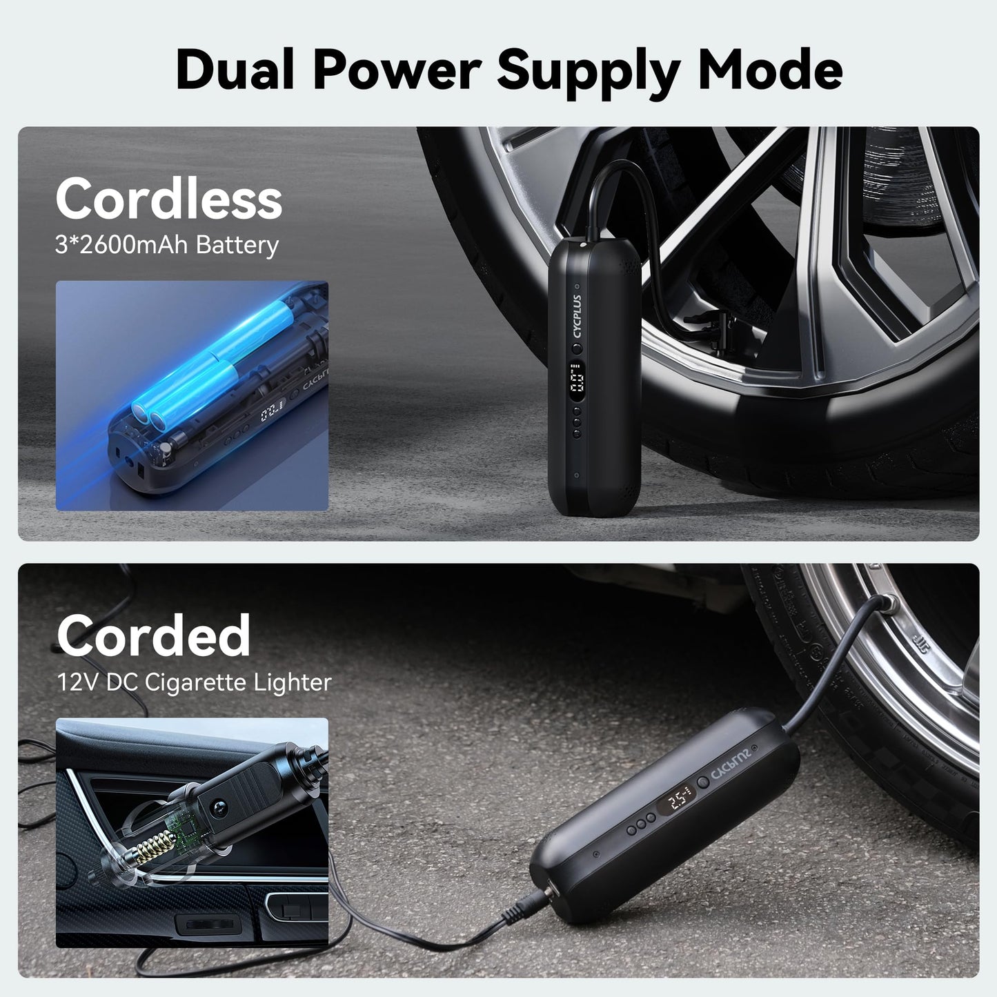 CYCPLUS Tire Inflator Portable Air Compressor - 150PSI Cordless Air Pump with Digital Tire Pressure Gauge, Accurate LCD Display & LED Light, DC/AC 2-in-1 for Car/Motorcycle/E-Bike/Ball(2025 Version)