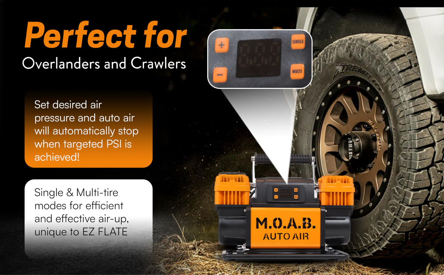 EZ FLATE M.O.A.B. Auto Air Compressor w/LCD Display, Set Target Pressure, dual air compressor, 10.6 CFM Offroad Air Compressor 4x4, 150 PSI, Inflator With Pressure Gauge
