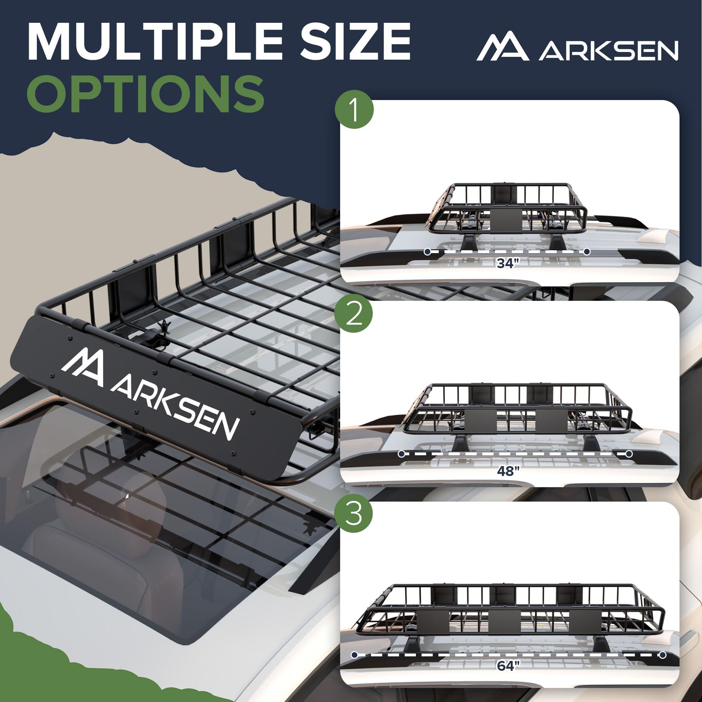 ARKSEN 64 x 34 x 6 Inch Universal Roof Rack with Extension, 600D Waterproof Bag, 2 Ratchet Straps&Net, 150 LBS Capacity Heavy Duty Rooftop Cargo Basket for SUV, Truck, RV, Pickup