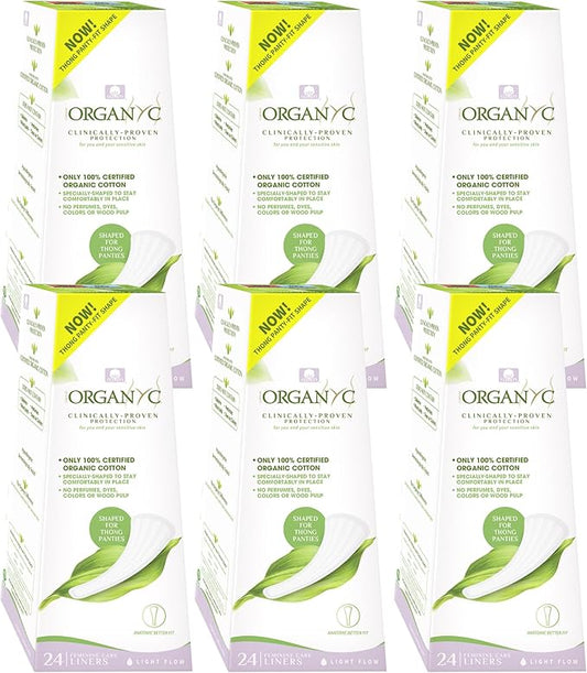 Organyc 100% Certified Organic Cotton Inside and Out Foldable Tanga Thong Panty Liners, Ultra Thin Liners for Women, Light Flow, 24 Count - 6 Packs