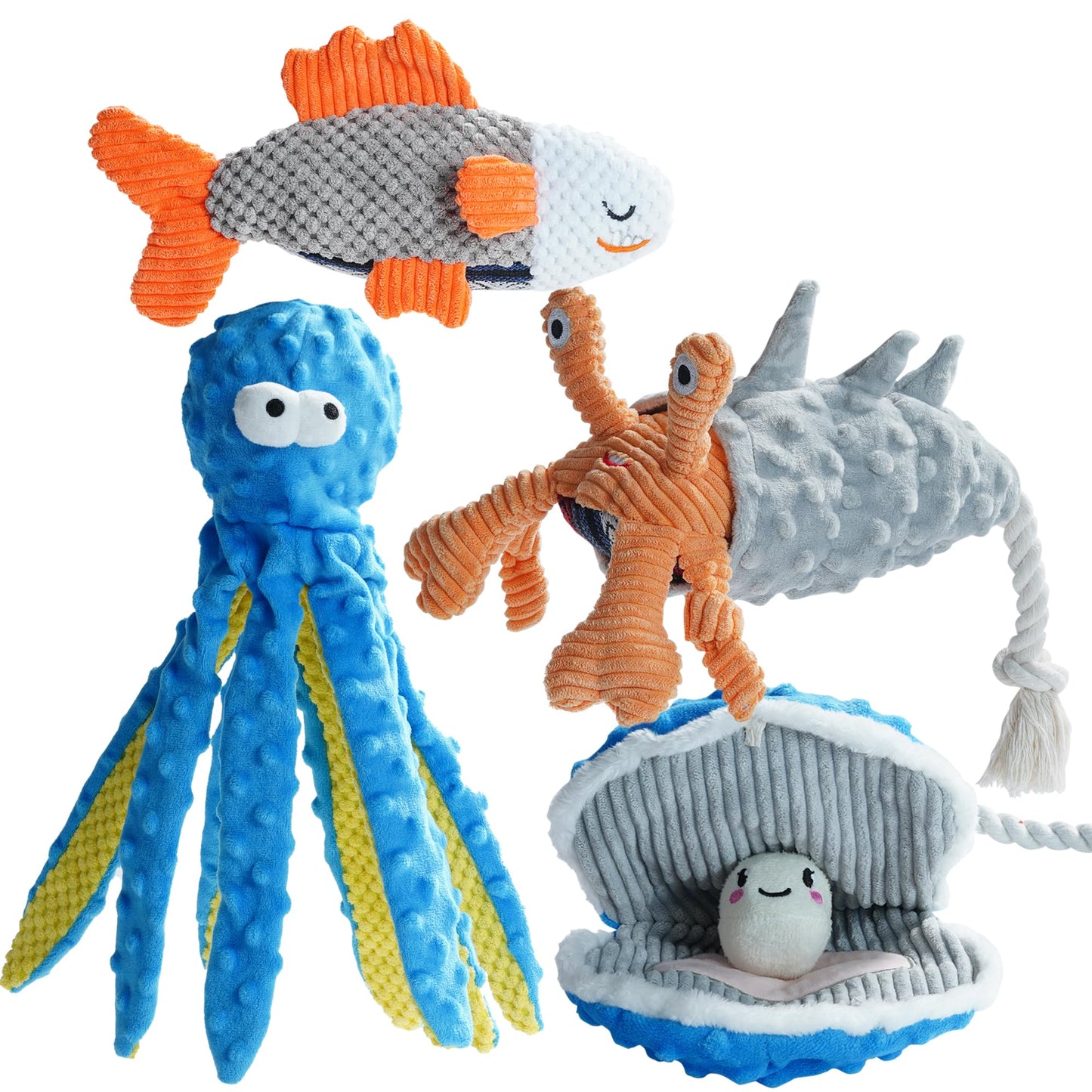 Nocciola 4 Packs Crinkle Squeaky Dog Toys for Aggressive Chewers, Durable Stuffed Plush Rope Tug Puppy Toy for Small, Medium Large Dogs, Octopus Fish Ocean Beach Summer, Dog Birthday Gifts