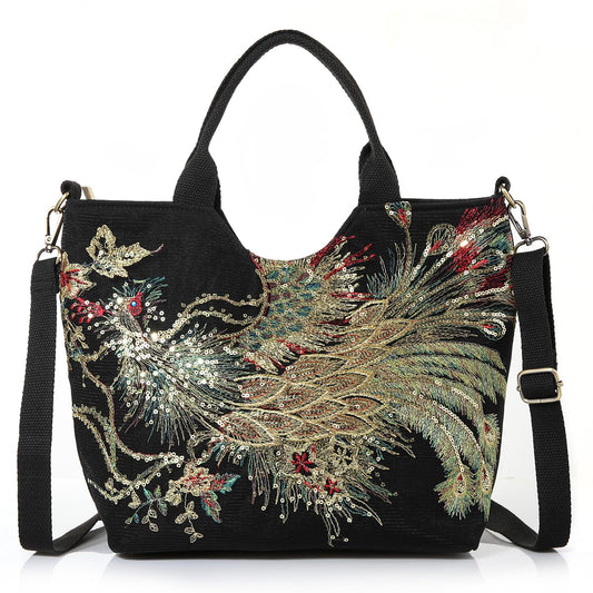 Jursccu Small Tote Handbag Sequins Embroidery Crossbody Bags for Women Casual Shoulder Bags (Black)