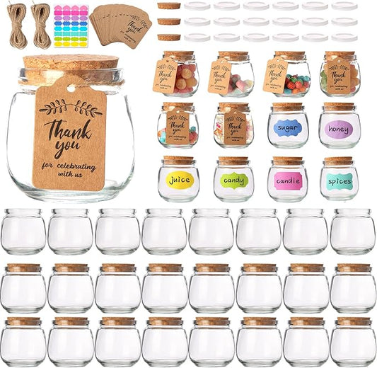 AIXIANG Glass Favor Jars with Cork Lid and Seal Cap,40 Pack 7 oz Small Glass Bottles for Wedding Favor,Baby Shower,Party Favor,Gift Jars, Candy, Spices, with Twine, Labels, Decorative Jars