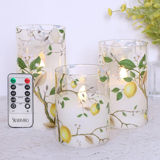 Flameless LED Candles with Remote Lemon Decal Glass Flickering Battery Operated Candles for Home Room Party Wedding Holiday Summer Decor - Set of 3