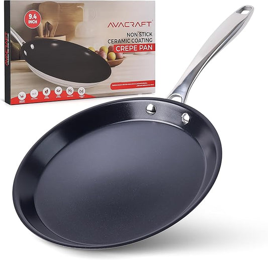 AVACRAFT 10 inch (9.4”) Nonstick Ceramic Coating Stainless Steel Crepe Pan, Tawa, Dosa Tortilla Pan, Compatible with All Stovetops, PFOA, PTFE Toxin Free