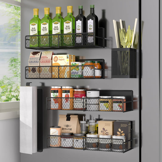 Magnetic Spice Rack for Refrigerator, 6 Pack 100% Metal Strong Magnet Shelf Black, Space Saving Spice Organizer, Home Kitchen Laundry Room Storage Organization W/ Paper Towel Holder, Utensils Racks