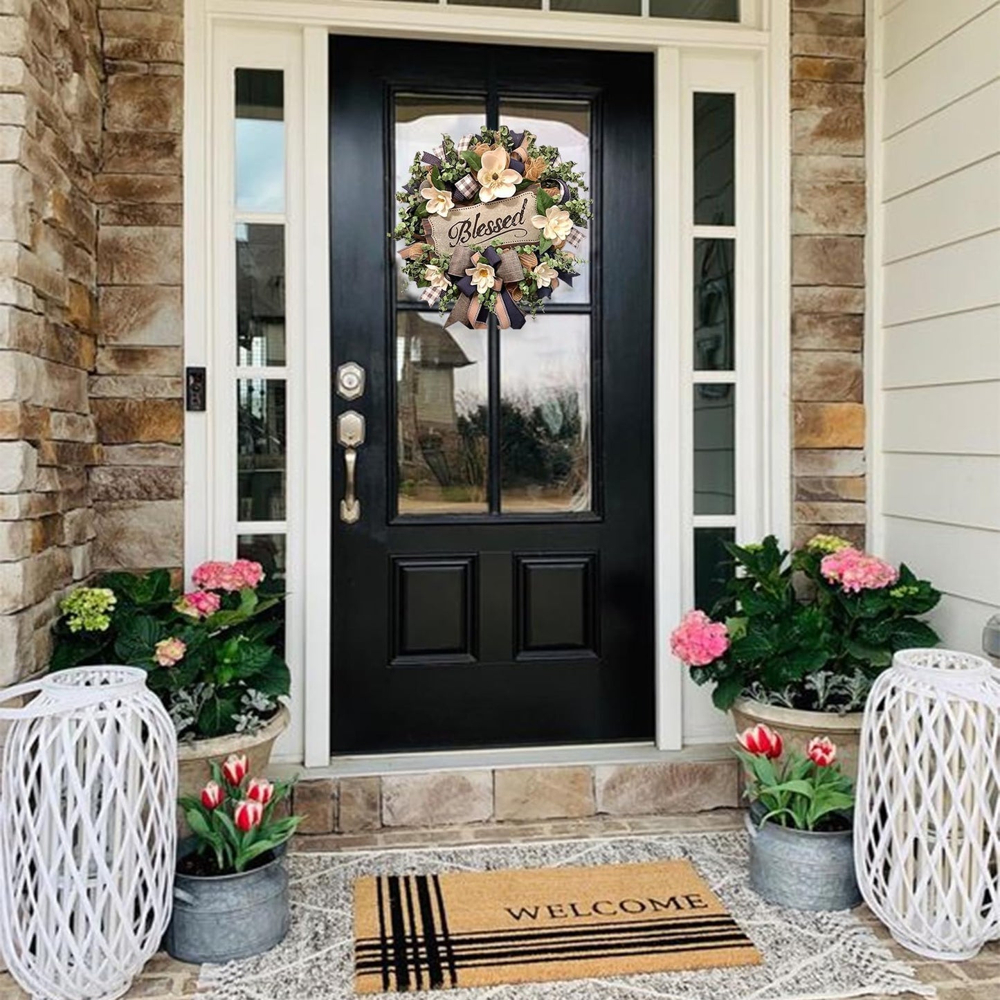 Spring Summer Wreath for Front Door,Farmhouse Magnolia Porch Decoration,Front Door Hanger,Housewarming Gift, Buffalo Plaid Year Round Wreath,Summer Home Decor