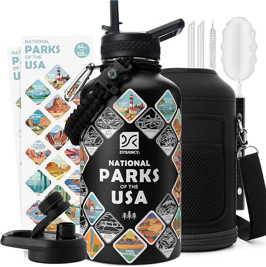 DYSANKY National Parks Water Bottle – 64 oz Insulated Stainless Steel Bottle with 63 Hand-Drawn Park Stickers, Carrier Bag, Strap & Gift Box – BPA-Free – Ideal for Hiking, Camping & Travel