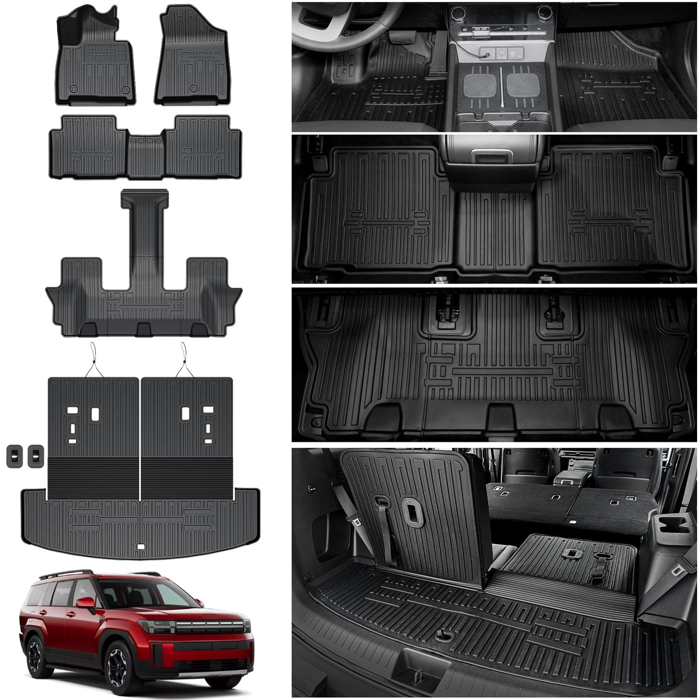 HOUCLEMIC Floor Mats for 2024 2025 2026 Hyundai Santa Fe (Fit Hybrid and Fuel), TPE All Weather Protection Custom Trunk Cargo Mat with Backrest Mat for Santa Fe Calligraphy Accessories