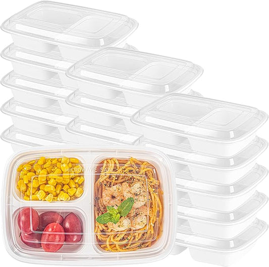 Asporto 26 Ounce Compartment Take Out Boxes, 50 Microwavable Meal Prep Containers - 3 Compartments, With Clear Plastic Lids, White Plastic Food Containers, Do Not Contain BPA - Restaurantware