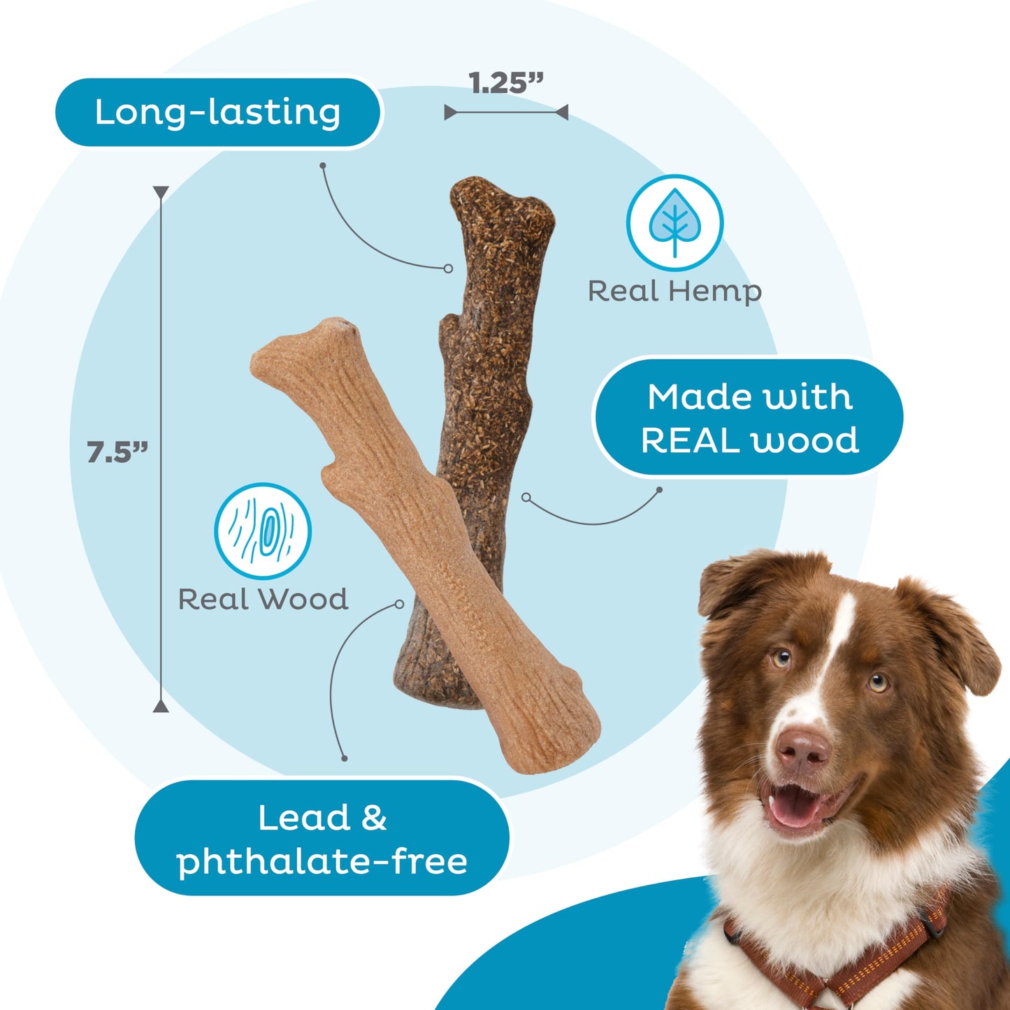 Outward Hound Dogwood Wood Durable Dog Chew Toys, Real Wood & Calming Hemp, 2-Pack, Medium