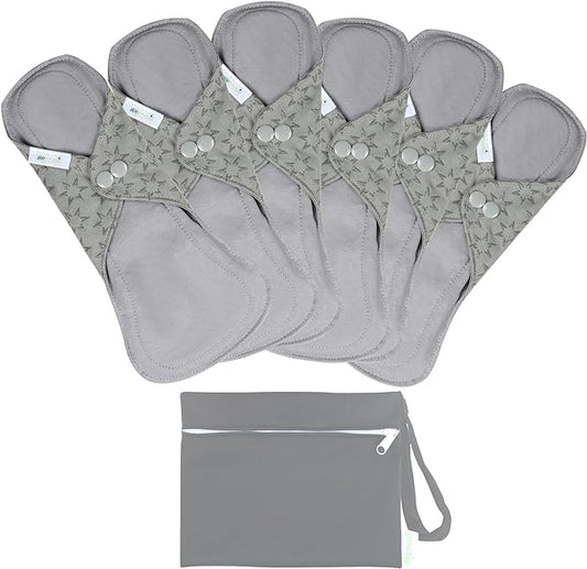 wegreeco 6 Pcs Reusable Menstrual Pads, Ultra Absorbent Cloth Pads for Heavy Flow, Sanitary for Teens, Women, Nonslip, Grey Inner, Grey Outer, Small