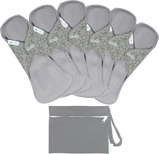 wegreeco 6 Pcs Reusable Menstrual Pads, Ultra Absorbent Cloth Pads for Heavy Flow, Sanitary for Teens, Women, Nonslip, Grey Inner, Grey Outer, Medium