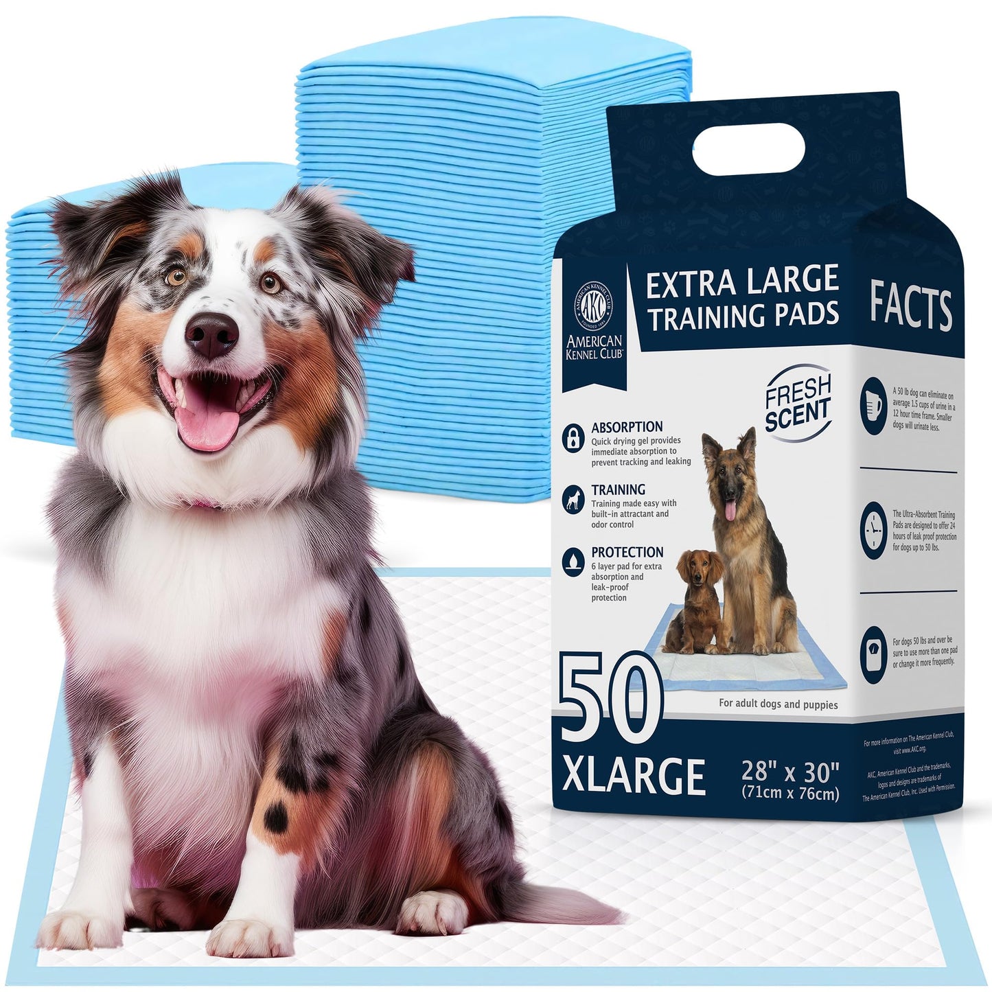 American Kennel Club Scented Puppy Training Pads with Ultra Absorbent Quick Dry Gel – 28 x 30 Pee Pads for Dogs - Fresh Scented - 50 Count, XL