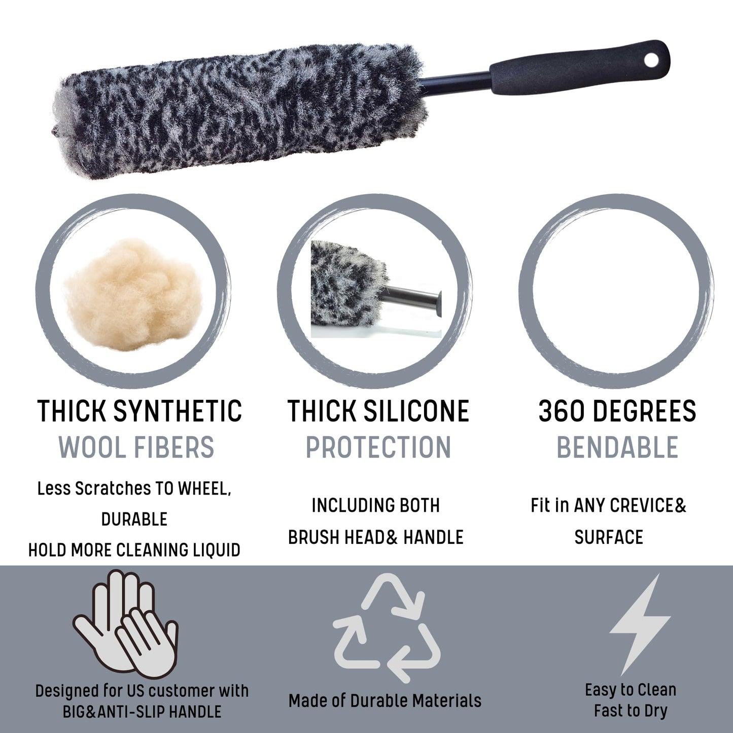 oesee Refined Long Handle Car Wheel Brush Arsenal, Soft Wheel and Rim Brush,Tire Brush, Bendable & Durable Car Wheel Rim Cleaner Brush Set for Cleaning Wheel and Tire, Large, Grey & Black