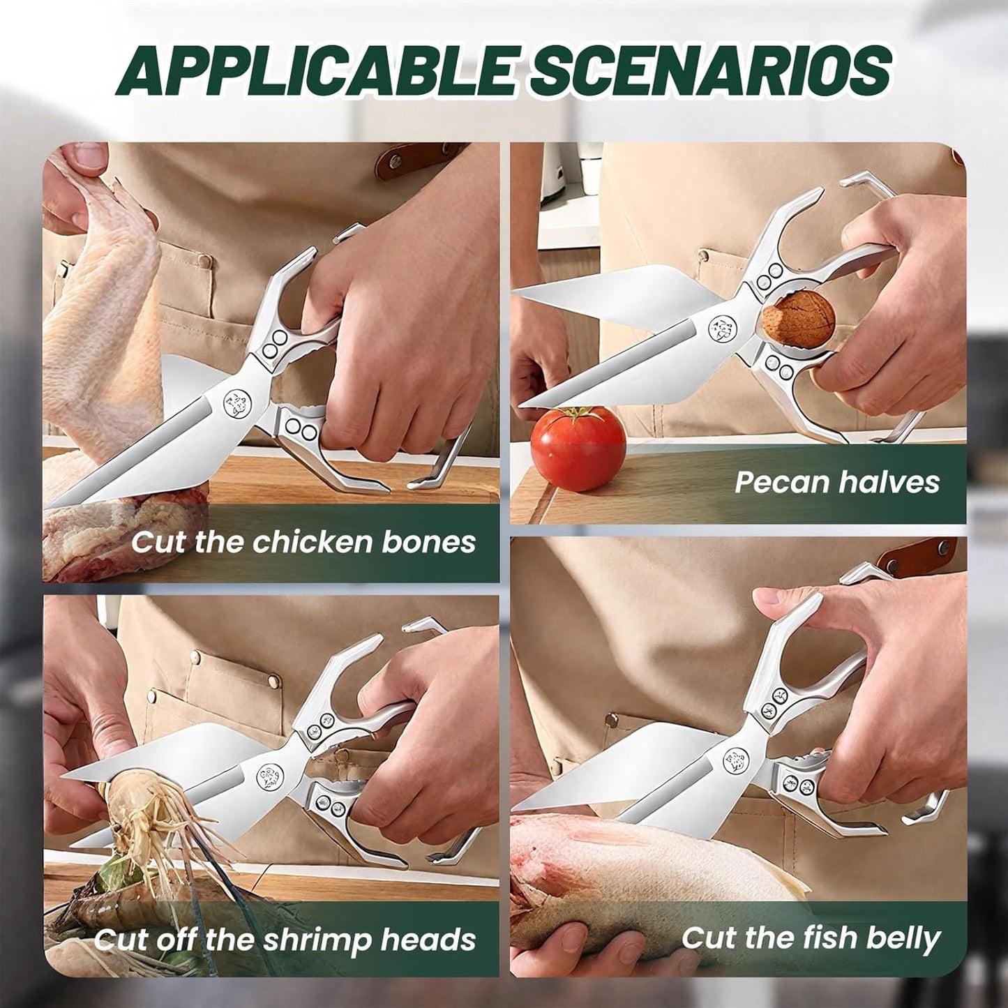 Multifunctional Heavy-Duty Kitchen Shears, Heavy Duty Kitchen Scissors for Food with Ergonomic Handle, High-Carbon Steel Culinary Shears for Chicken, Meat, Seafood, Bone Cutting (Green)
