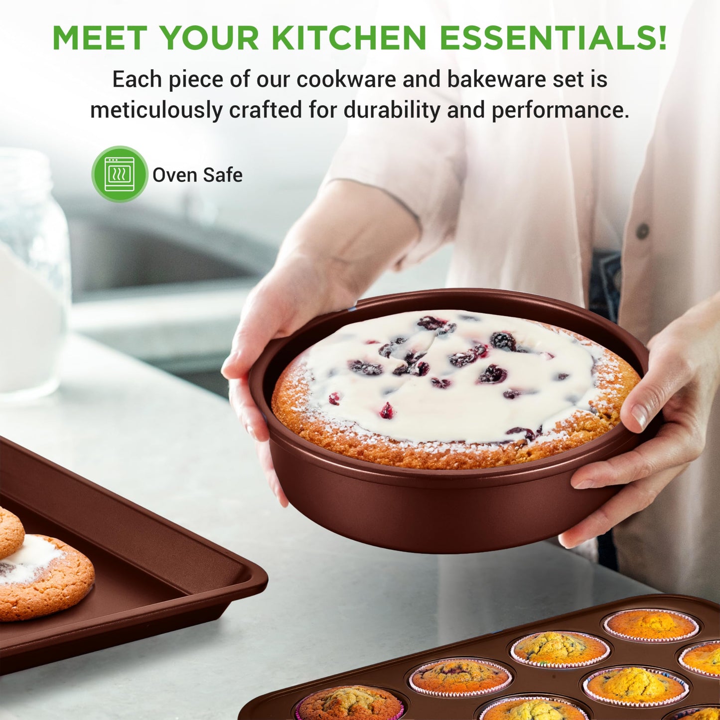 NutriChef 20 Piece Professional Home Kitchen Cookware and Bakeware, Pots and Pans Set Non Stick Kitchenware, Cool-Touch Handles, Safe for Gas, Electric, Induction Cooktops, Easy Clean, Brown