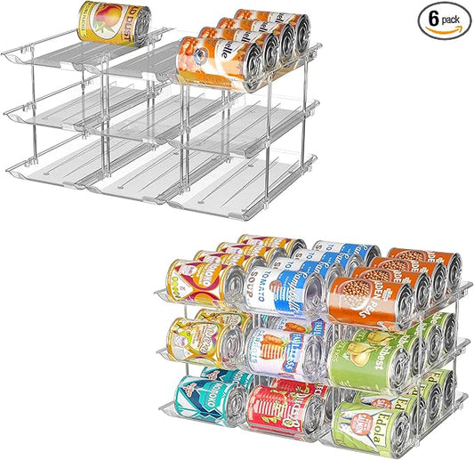 Attelite Can Organizer for Pantry, 6 Sets 3Tiers Can Storage Organizer Pantry, Soda Can Organizer for Fridge 72 Cans Rack Automatic Rolling Stackable Canned Food Organizer,Clear