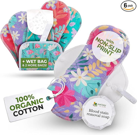 Non-Slip Premium Reusable Period Pads for Light Flow (S+M, 6-Pack); High-Temp Washable Organic Cotton Cloth Pad for Women & Teens; Non-Irritating Reusable Pads Menstrual for Comfortable Period Care