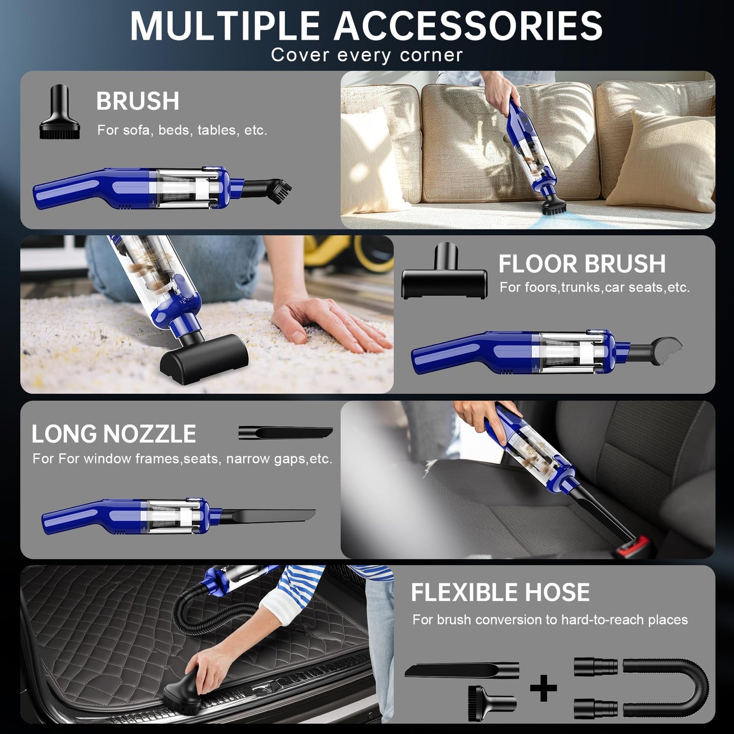 Handheld Vacuum Cordless, 16000Pa Powerful Suction, Lightweight at 1.3 lbs, Rechargeable Car Vacuum Cleaners for Home Office Car Pets with Brushless Motor, Multiple Accessories