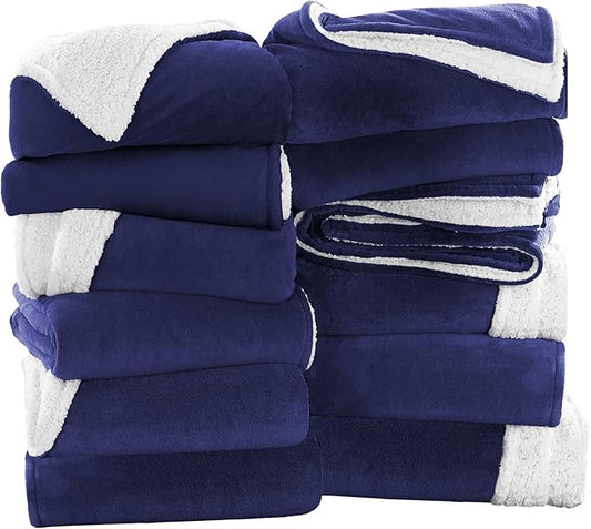 IR Imperial Rooms Navy Sherpa Fleece Throw Blanket Twin Size for Bed - Wholesale Bulk Pack of 12 Sherpa Blankets - Soft Fluffy Throw Blankets for Hotels, Guest Bedroom, 60x80 Inches