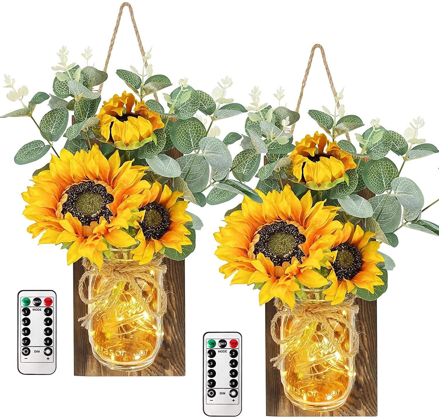 2 Pack Mason Jar Wall Sconces Remote Control with 20 LED Fairy String Lights, Sunflowers and Wooden Board, Decorative Jars for Wall Decor, Door Decor (Brown)