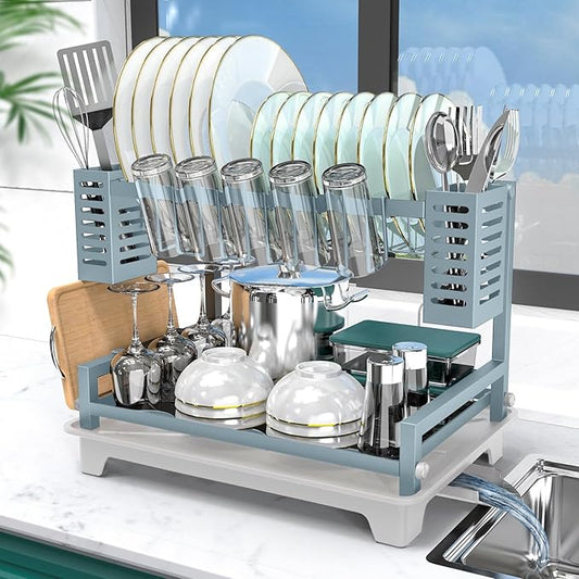 B-Land Dish Drying Rack, 2 Tier Dish Racks for Kitchen Counter, Large Dish Drying Rack with Drainboard & Utensil Holders, Rust-Proof Dish Drainers,Kitchen Organization