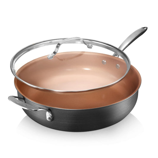Gotham Steel Nonstick Deep Saute Pan with Lid – 5.5 Quart Large Ceramic Jumbo Cooker 12 Inch Frying Pan with Lid, Stay Cool Handle + Helper Handle, Oven & Dishwasher Safe, 100% PFOA Free
