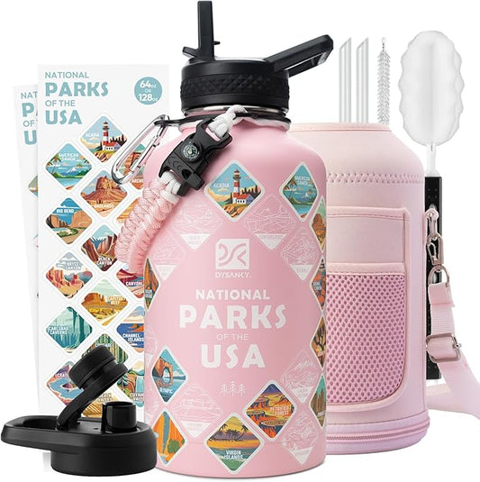 DYSANKY National Parks Water Bottle – 64 oz Insulated Stainless Steel Bottle with 63 Hand-Drawn Park Stickers, Carrier Bag, Strap & Gift Box – BPA-Free – Ideal for Hiking, Camping & Travel