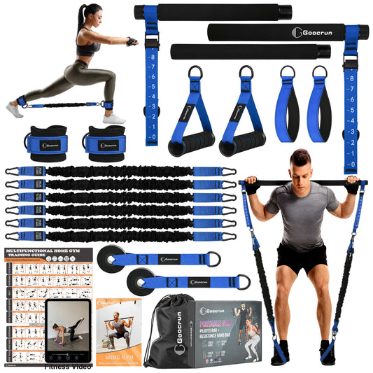 Goocrun Portable Pilates Bar Kit with Resistance Bands for Men and Women - Home Gym, Workout Kit for Body Toning – with Fitness Poster and Video