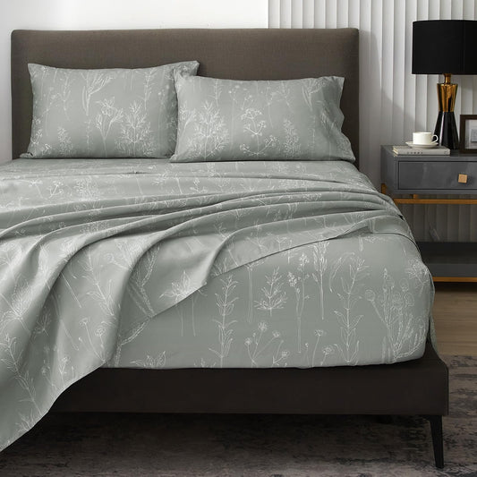 HYPREST Grey King Size Sheets, 18 Inch Deep Pocket King Sheets Botanical Pattern Sheet Luxury Rustic Soft Hotle Quality-1800 Threat Count