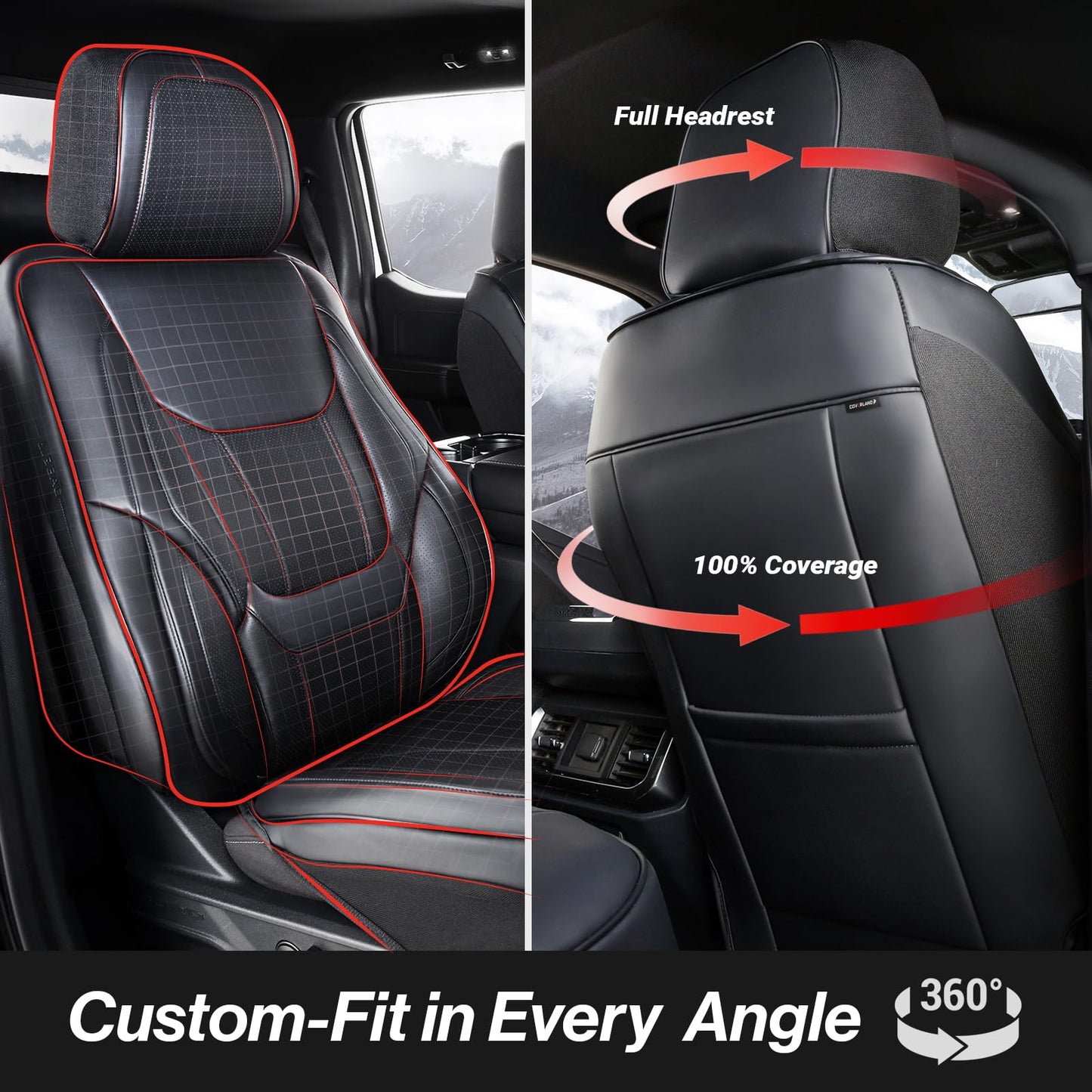 Coverland Custom Car Seat Covers Compatible with Outback, CR-V, Tucson, Wrangler, GX 460 - Premium Leather Non-Slip Memory Foam Waterproof Protector Front Seat-Black [See Size Chart-Size A10]
