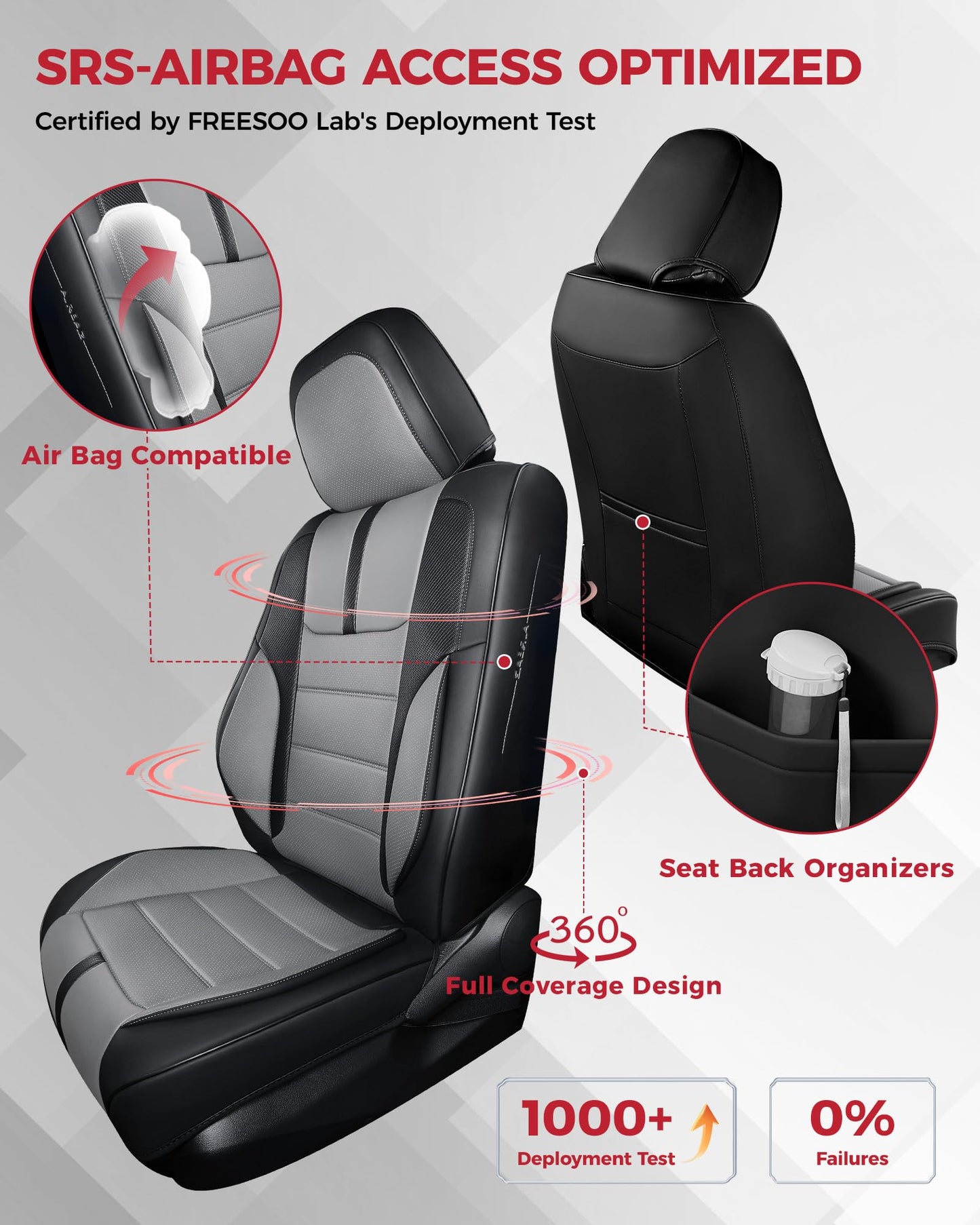 FREESOO Black Gray Car Seat Covers Full Set - Faux Nappa Leather Seat Covers for Cars, with Front Seatbelt Pads, Luxury Waterproof Cushion Protector Accessories Fit for Most 5 Seats Sedans SUV Trucks