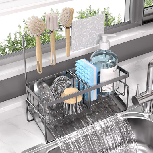 NET MEYA Sponge Holder for Kitchen Sink,Stainless Steel Sink Caddy with Brush Holder and Dishcloth Holder，Kitchen Countertop Soap Dispenser Organizer