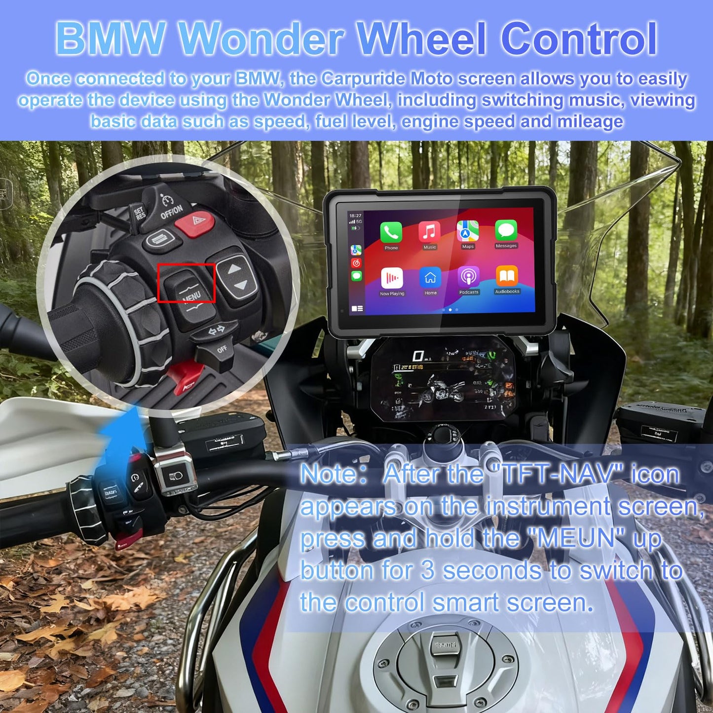 FancyTiger BM700 for BMW Motorcycle CarPlay & Android Auto, 7" IP67 Waterproof GPS Navigation Screen, Data Reading, Native Wonder Wheel Control, BT, TPMS, Light Sensor, Music Sharing, Intercom,16-Pin