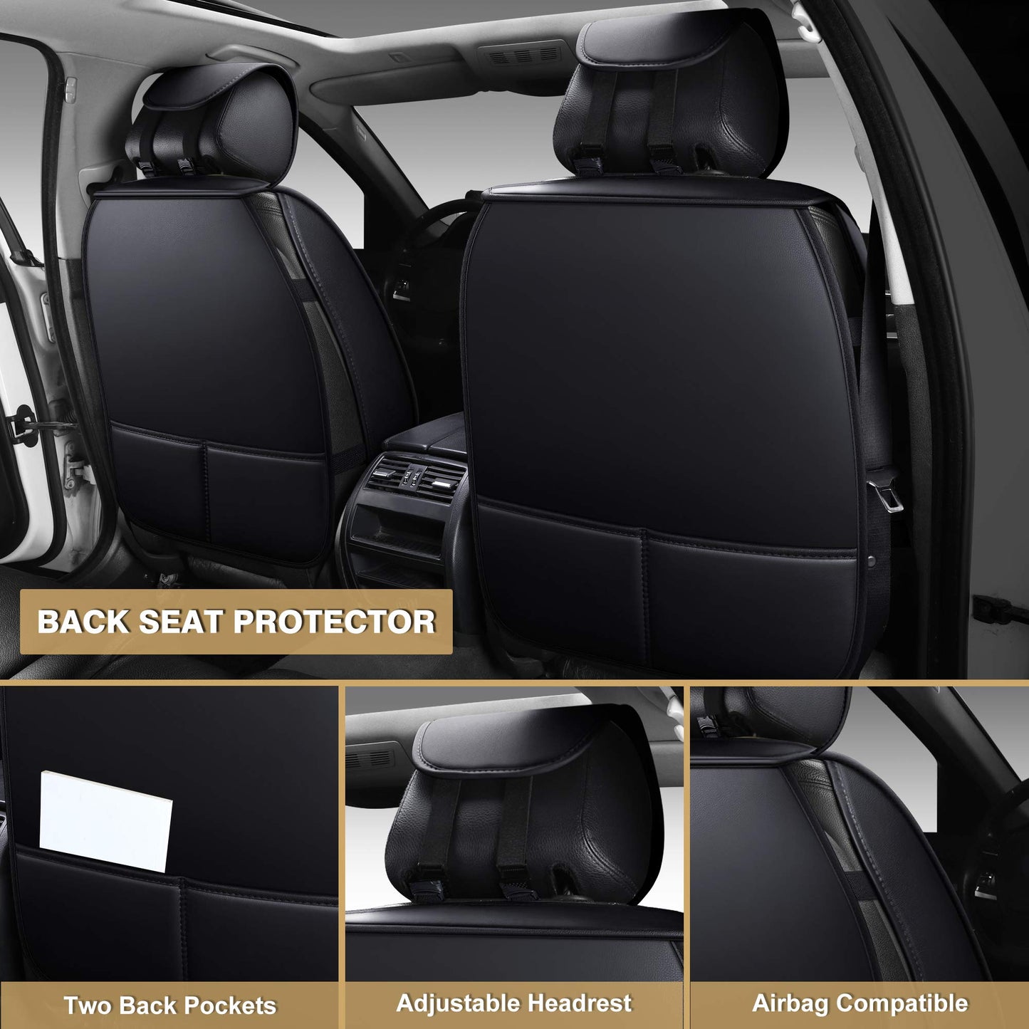 AOOG Leather Car Seat Covers for Cars SUV Pick-up Truck, Universal Full Set Black