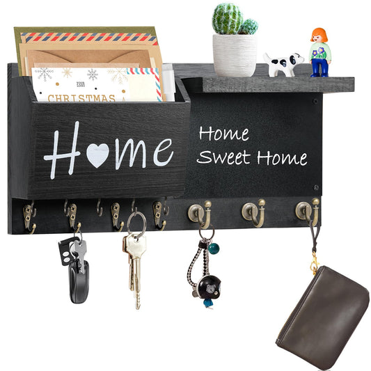 RELBRO Key Holder Wall Mount, Wooden Chalkboard Mail and Key Organizer with Shelf, 12 Key Hooks, Black